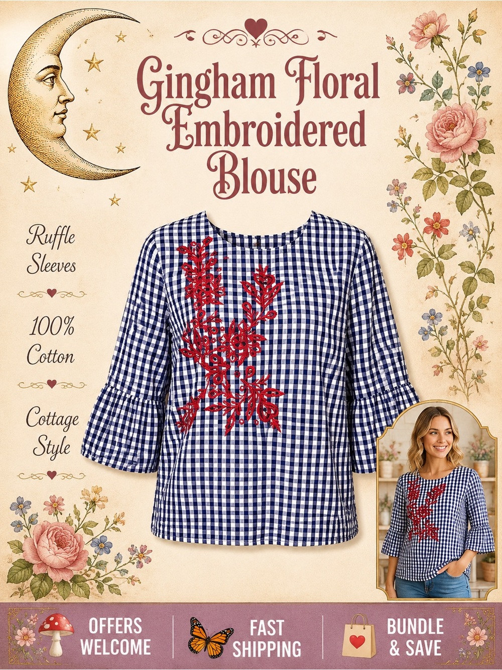 August Silk Gingham Embroidered Blouse Ruffle Sleeves 100% Cotton XL